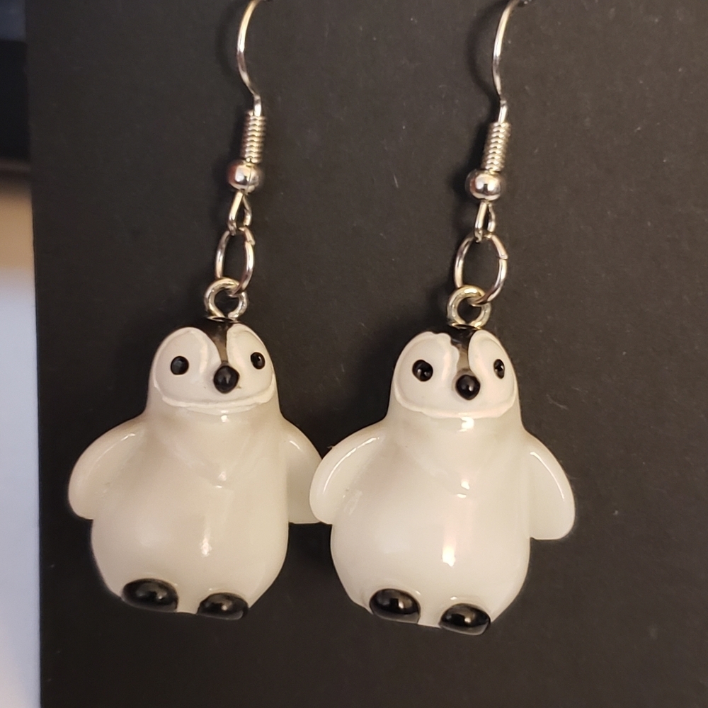 Handmade Black White Winter Penguin Earrings - Picture 2 of 3